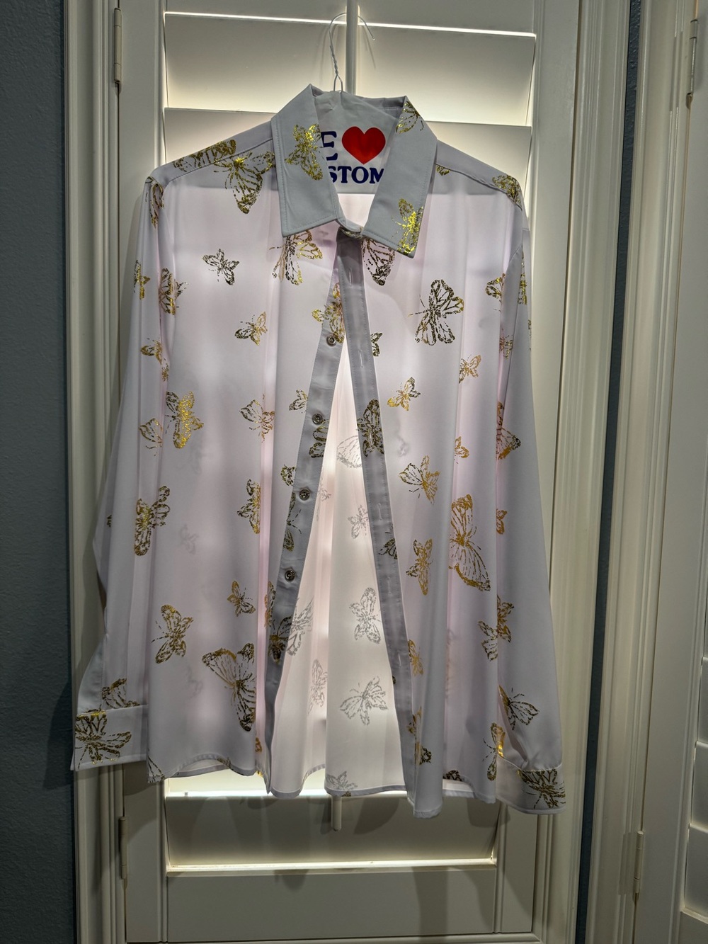 Mens gold Butterfly Print White Dress Shirt
